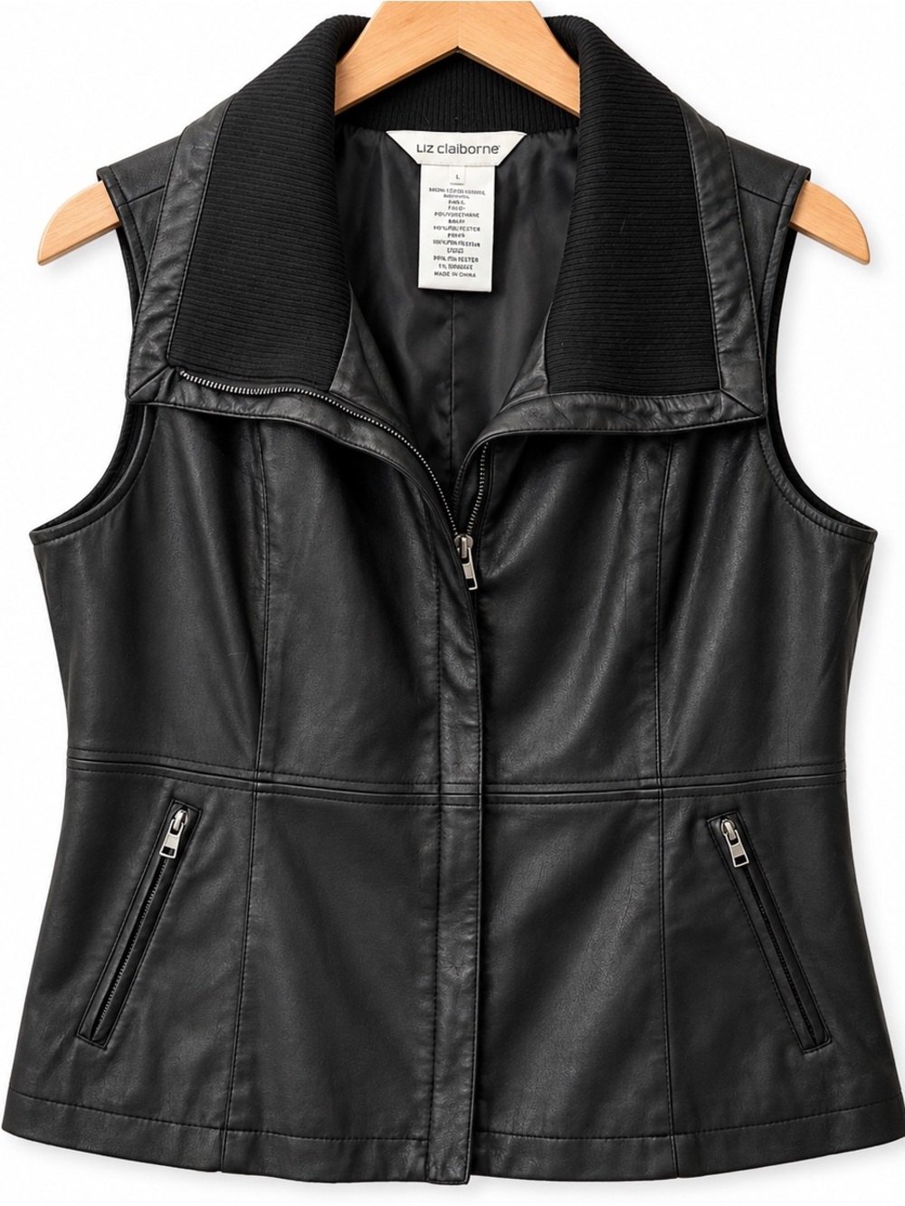 Liz Claiborne Black Faux Leather Moto Vest Women’s L Ribbed Collar Zip Pockets